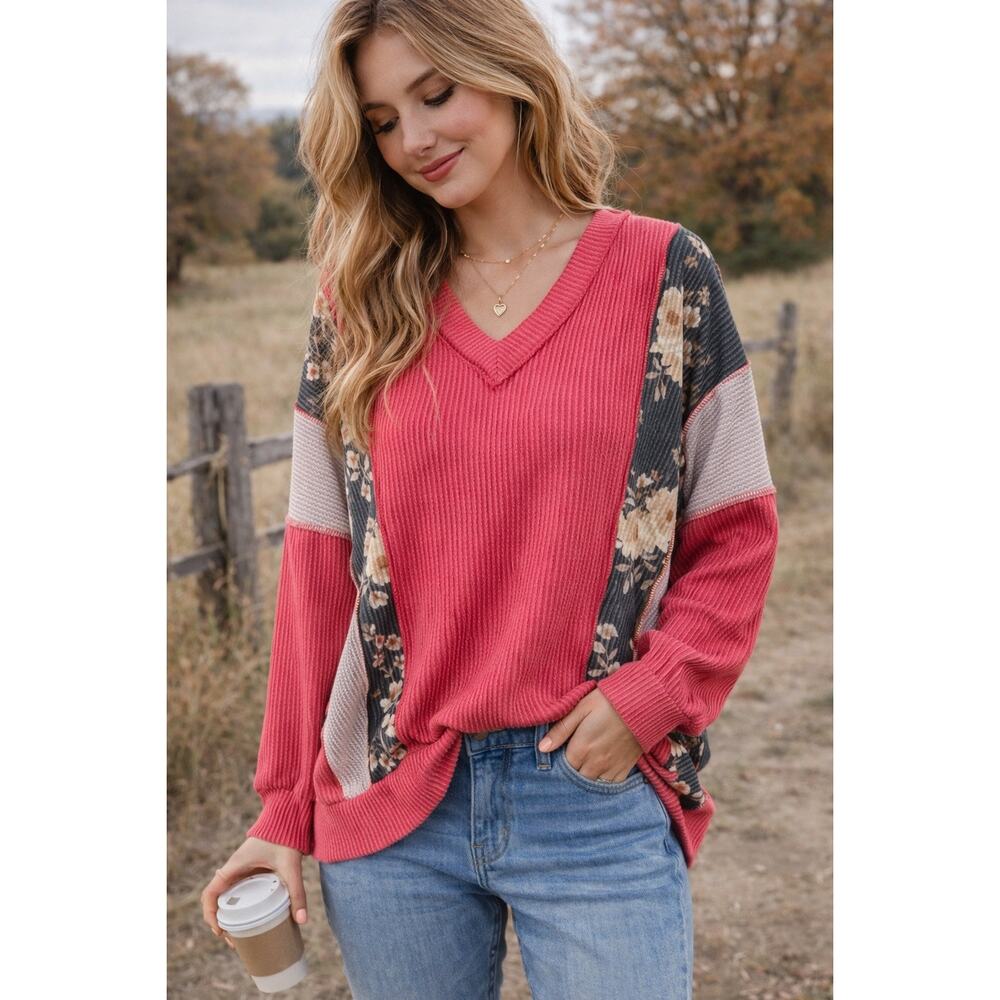 Heimish USA Pink Ribbed Patchwork Sweater Size S Floral Cottagecore NWOT